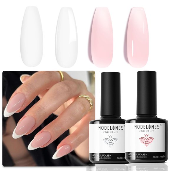 Modelones Gel Nail Polish Set, 2 PCS 15 ML White Pink Jelly Gel Polish Soak off U V LED Gel French Tip Gel Polish Spring Nails Art Manicure Home Gift For Women Girl