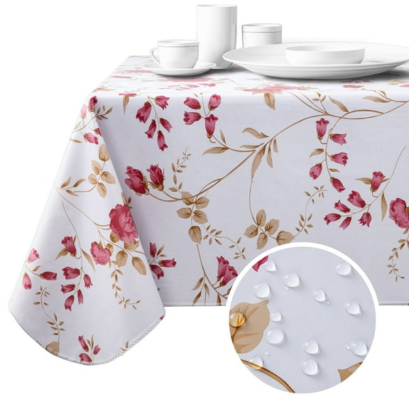 springrain Floral-Pattern Tablecloth, Waterproof Vinyl Flannel Backed Table Cover, Wipeable Table Cloth for Kitchen & Indoor, Pink Floral on White, 52"x52" / 52"x70" / 60"x60"