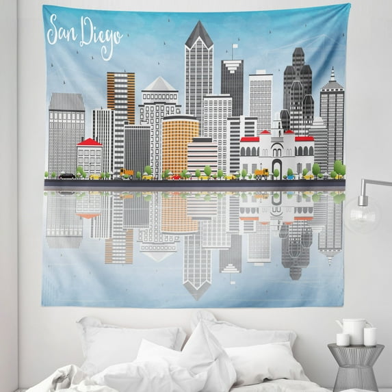 San Diego Tapestry, San Diego Skyline with Grey Buildings Blue Sky and Reflections Downtown Panorama, Fabric Wall Hanging Decor for Bedroom Living Room Dorm, 5 Sizes, Multicolor, by Ambesonne