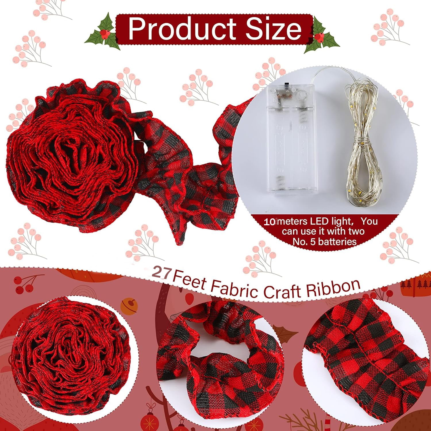 27 Feet Christmas Tree Buffalo Plaid Garland with Led Lights, Plaid Red and Black Buffalo Check Fabric Tree Ribbon Garland Farmhouse Home Country Xmas Holiday Decor