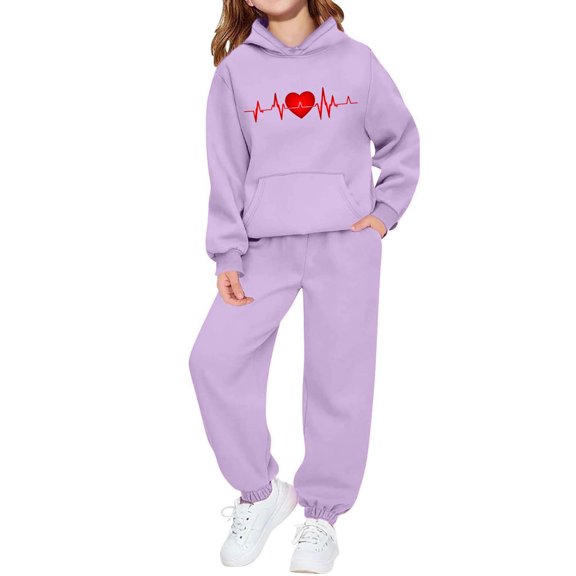 LEKWK Girls 2-Piece Sweatsuit Set Heartbeat Graphic Long Sleeve Hooded Sweatshirt Joggers Tracksuit Big Kid Casual Warm Fleece Lined Activewear School
