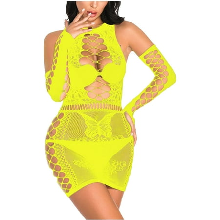 

Puntoco Plus Size Nightdress Clearance Women See-Through Underwear Uniform Temptation Mesh Nightdress Yellow 4(One Size)