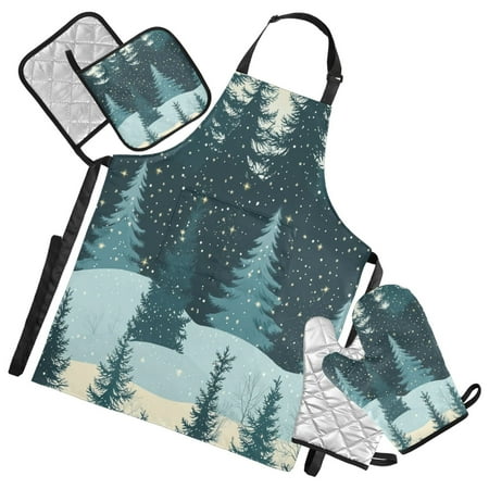

5-Piece Kitchen Apron Set with Heat-Resistant Gloves & Insulation Mats for Cooking Baking BBQ Green Trees and Snowflake