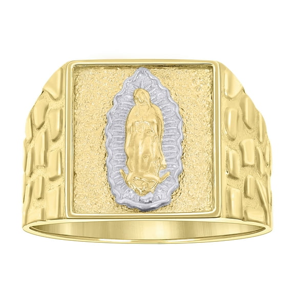 10k Two-tone Gold Mens Square Head Guadalupe Religious Nugget Ring