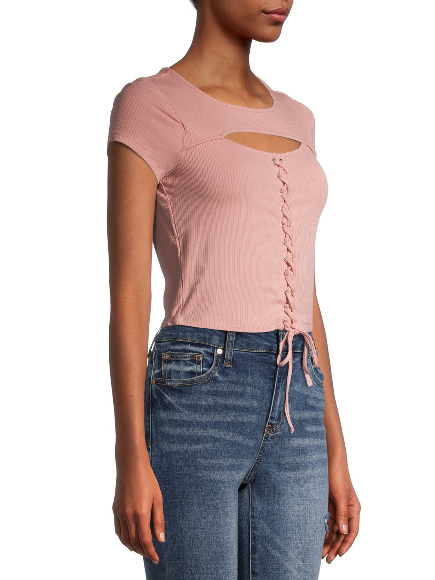 Almost Famous Juniors' Lace Up Corset T-Shirt with Cutout