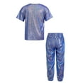 thumbnail image 2 of Hansber Kids 2 Piece Dance Outfit Shorts Sleeve Shiny Metallic Round Neck T-shirt with Pant Set Jazz Royal Blue 140, 2 of 5