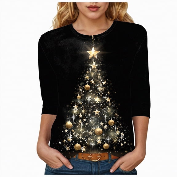 Dmsael Christmas Tshirts Women Women Christmas Shirts Christmas Tree Printed Tshirts 3/4 Sleeve Crew Neck Tops Holiday Xmas T-Shirts Yellow,L