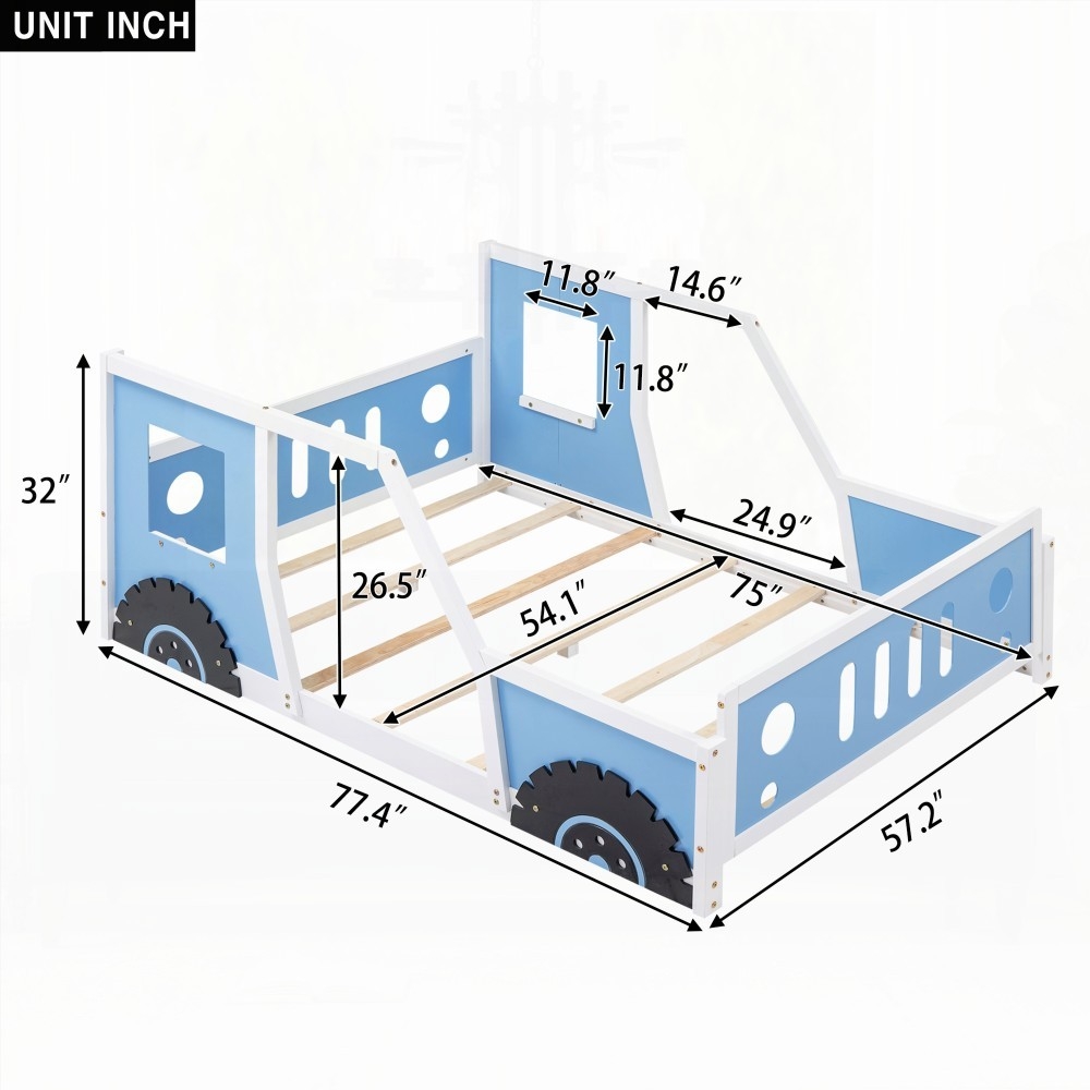 Classic Full Size Blue Car-Shaped Platform Bed on Wheels, Crafted with Pine Wood and MDF