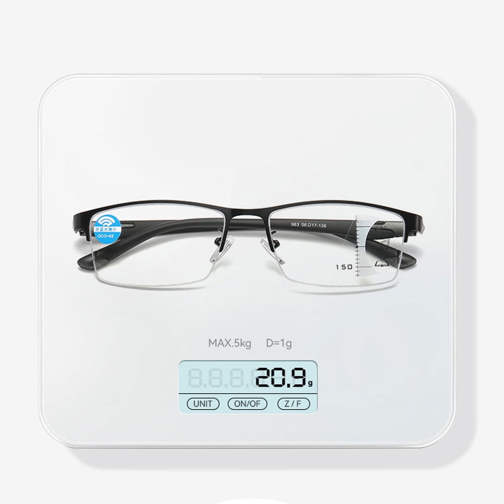 Men Blue Frame Progressive Reading Glasses 4.00, Metal Rectangle Half Rimless Business Multifocus Readers +4.00 Strength (Not Photochromic)