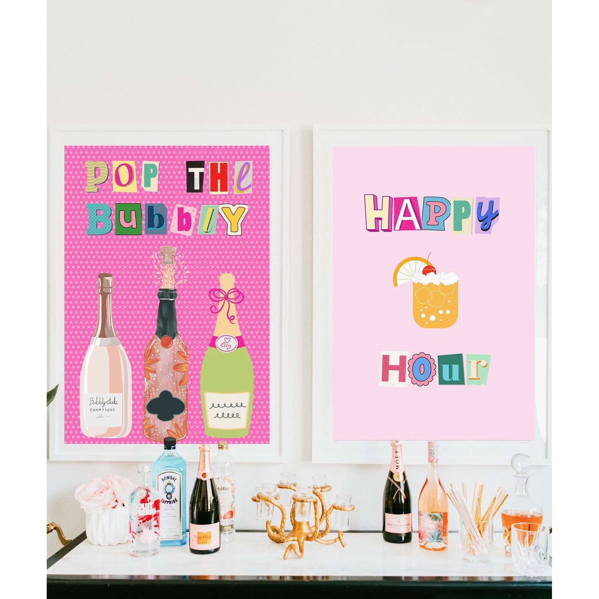 Set Of 2 Happy Hour Wall Art Prints Trendy College Apartment Colorful Bar Cart Living Room And Gallery Wall Decor