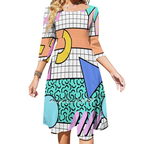 Vestido de escote cuadrado con estampado rosa pastel de los años ochenta, vestido de verano elegante para mujer, vestido con estampado halter, rosa, divertido, alegre y colorido