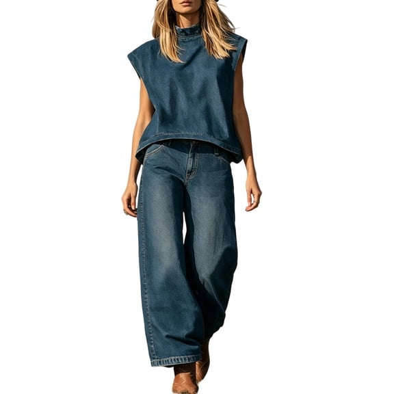TEAJOPSUU Womens 2 Piece Denim Sets Sleeveless Cap Sleeve Mock Neck Tank Tops High Waist Wide Leg Jean Pants with Pockets Sets Casual Daily Outfits Blue