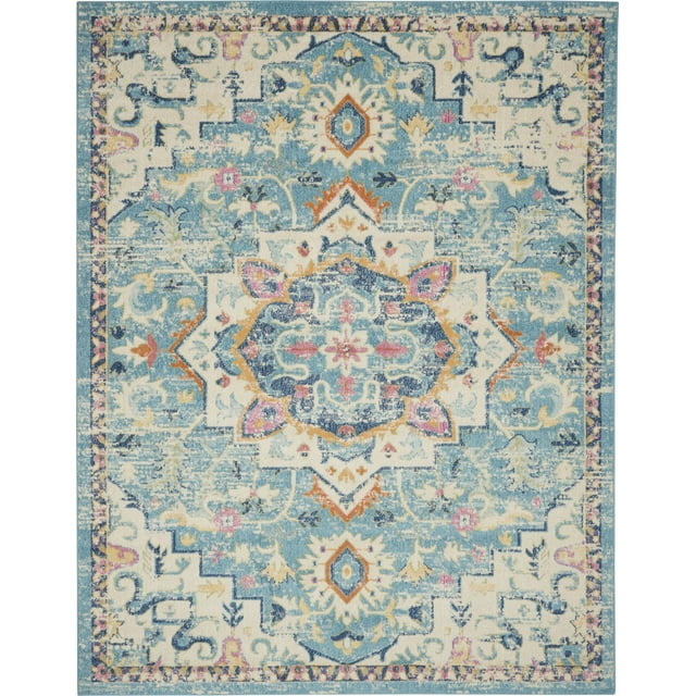 homeroots home decor 385585 8’ x 10’ Light Blue and Ivory Distressed Area Rug