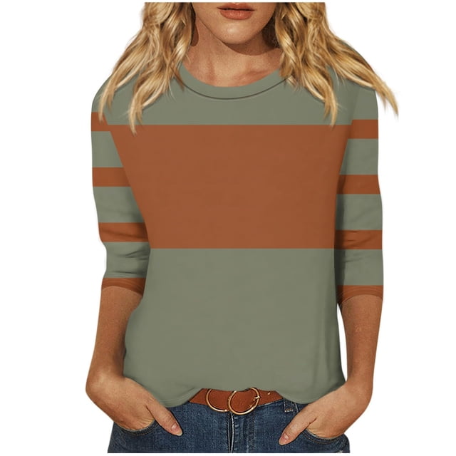 cfhntfmh Hauts pour Femmes 2024 Automne Tendance à Blocs de Couleur Blouses à Col Rond Décontractées Manches 3/4 Tuniques Amples