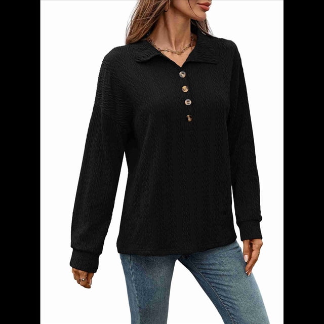 Blusas Holgadas de Larga con Botones y Solapa de Color Liso para Mujer, Otoño e Invierno Negro XXL