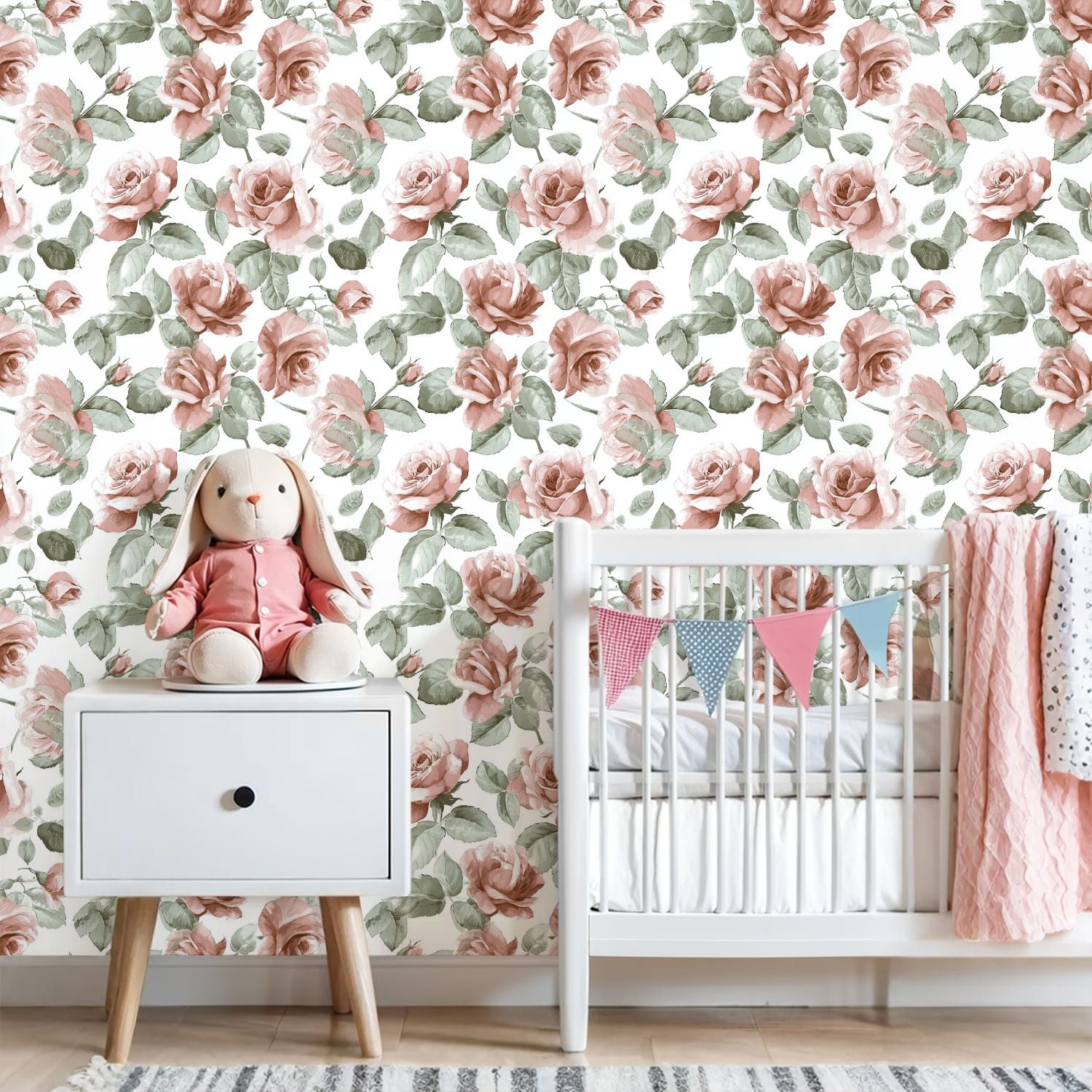 Peel and Stick Wallpaper 23.6in x 9.8ft Soft Pink Roses Green Leaves Floral Contact Paper Vinyl Self-Adhesive Removable Wall Paper for Bedroom DIY Home Decor Renter Friendly