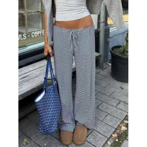 Women's Striped Print Drawstring Waist Straight Leg Pants, Casual Comfy Drop Waist Trousers for Daily Wear