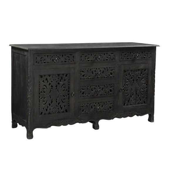 Taran Designs Monte 6-drawer 2-door Carved Solid Wood Sideboard in Black