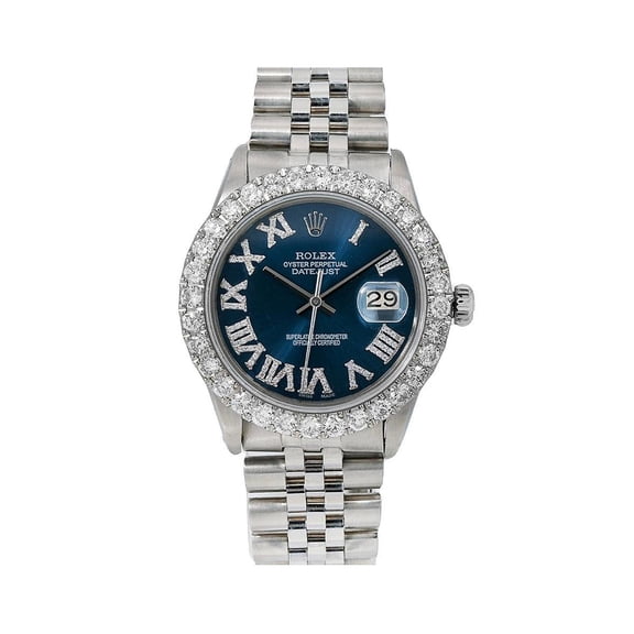 Pre-Owned Rolex Datejust 36MM 16030 Blue Roman Diamond Dial Diamond Bezel Stainless Steel Jubilee Bracelet 3.25ct