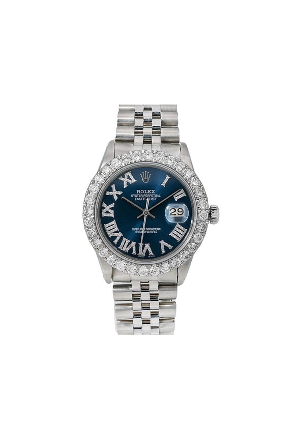 Pre-Owned Rolex Datejust 36MM 16030 Blue Roman Diamond Dial Diamond Bezel Stainless Steel Jubilee Bracelet 3.25ct