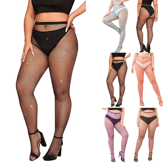 YVNAURA Sparkle Rhinestone Fishnet Stockings for Women Plus Size High Waist Stretchy Thigh High Net Tights Over The Knee Glitter Mesh Socks for Stage Dance Party, Black,XXL