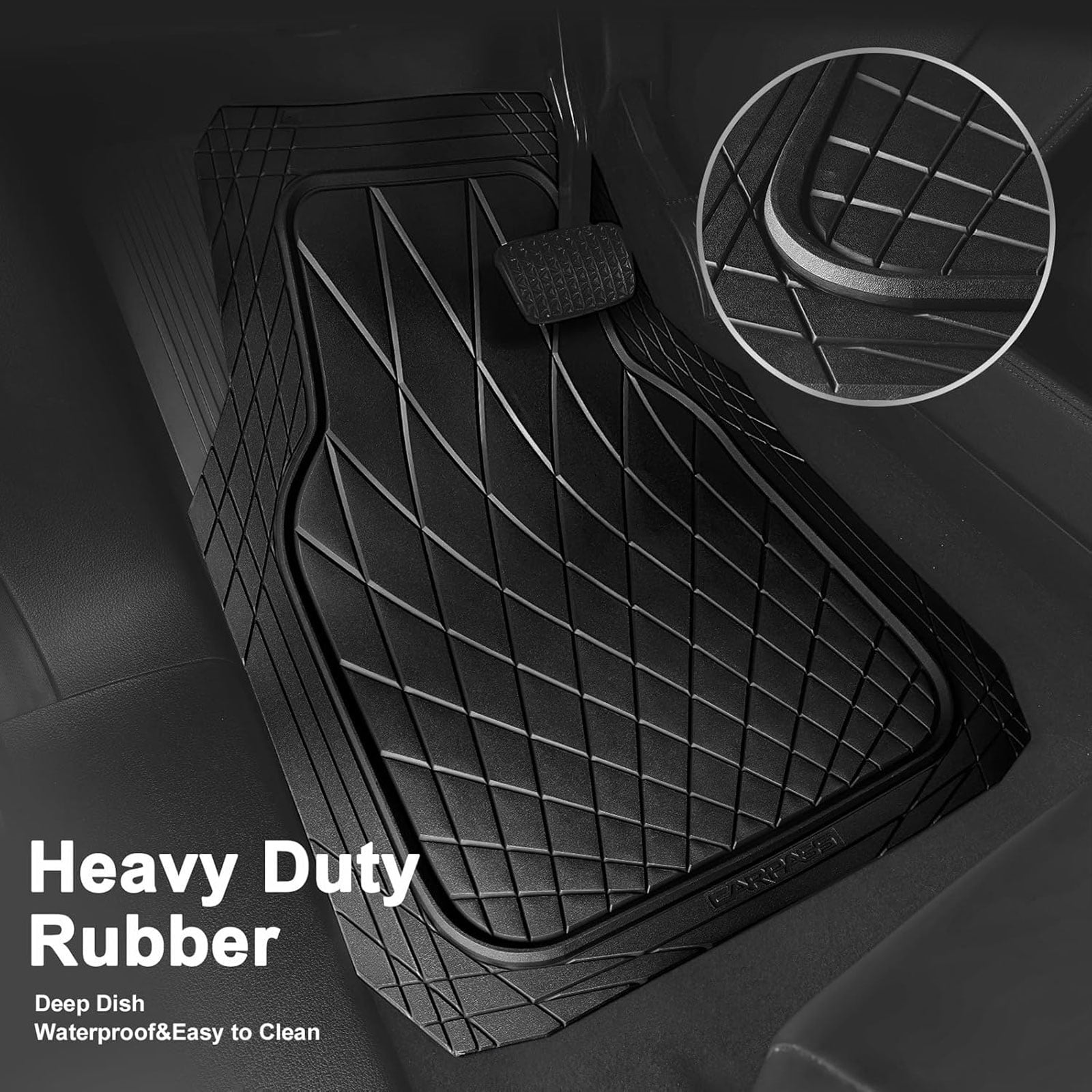 CAR GRAND premium heavy duty rubble car floor mats deep dish all weather waterproof easy clean universal trim fit sedan SUV Van Truck all black