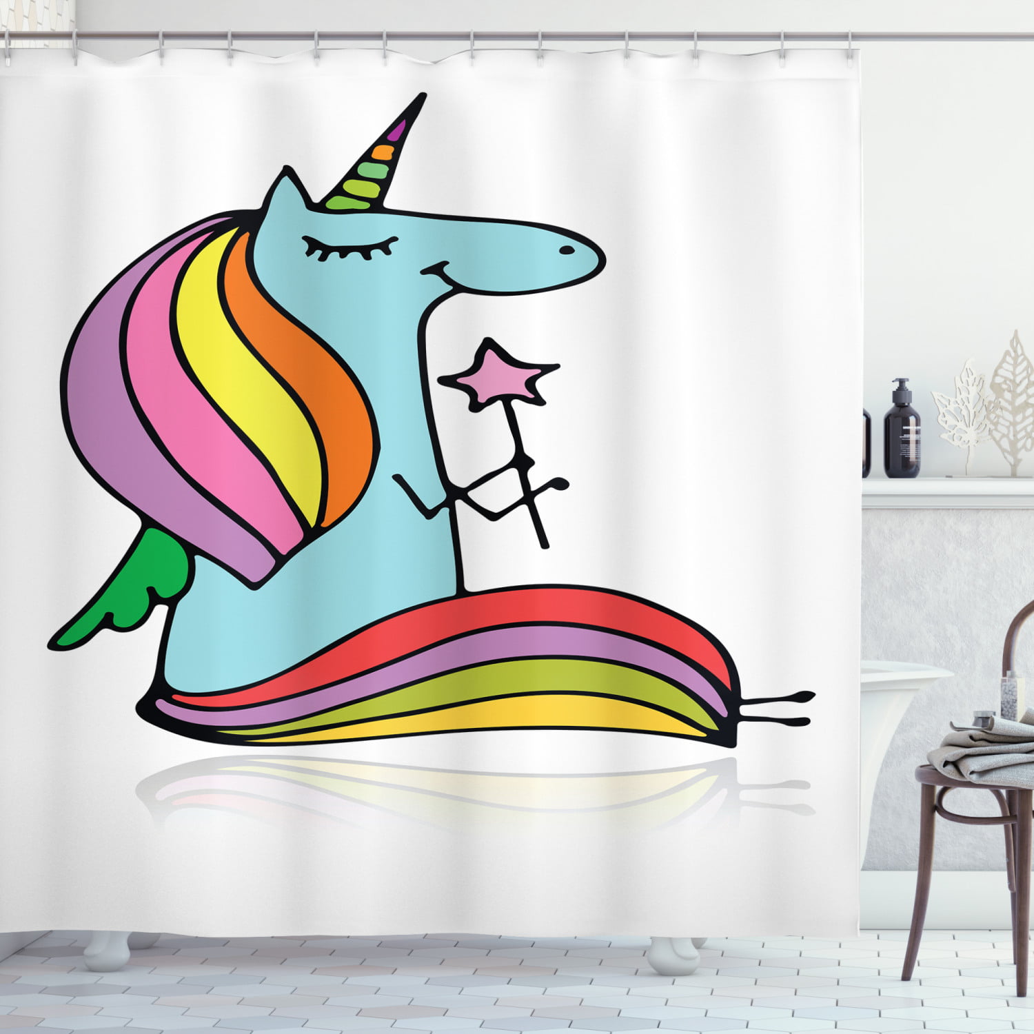 Magical Shower Curtain set Funny Unicorn And Cat Bathroom Curtain With Hooks 71" 