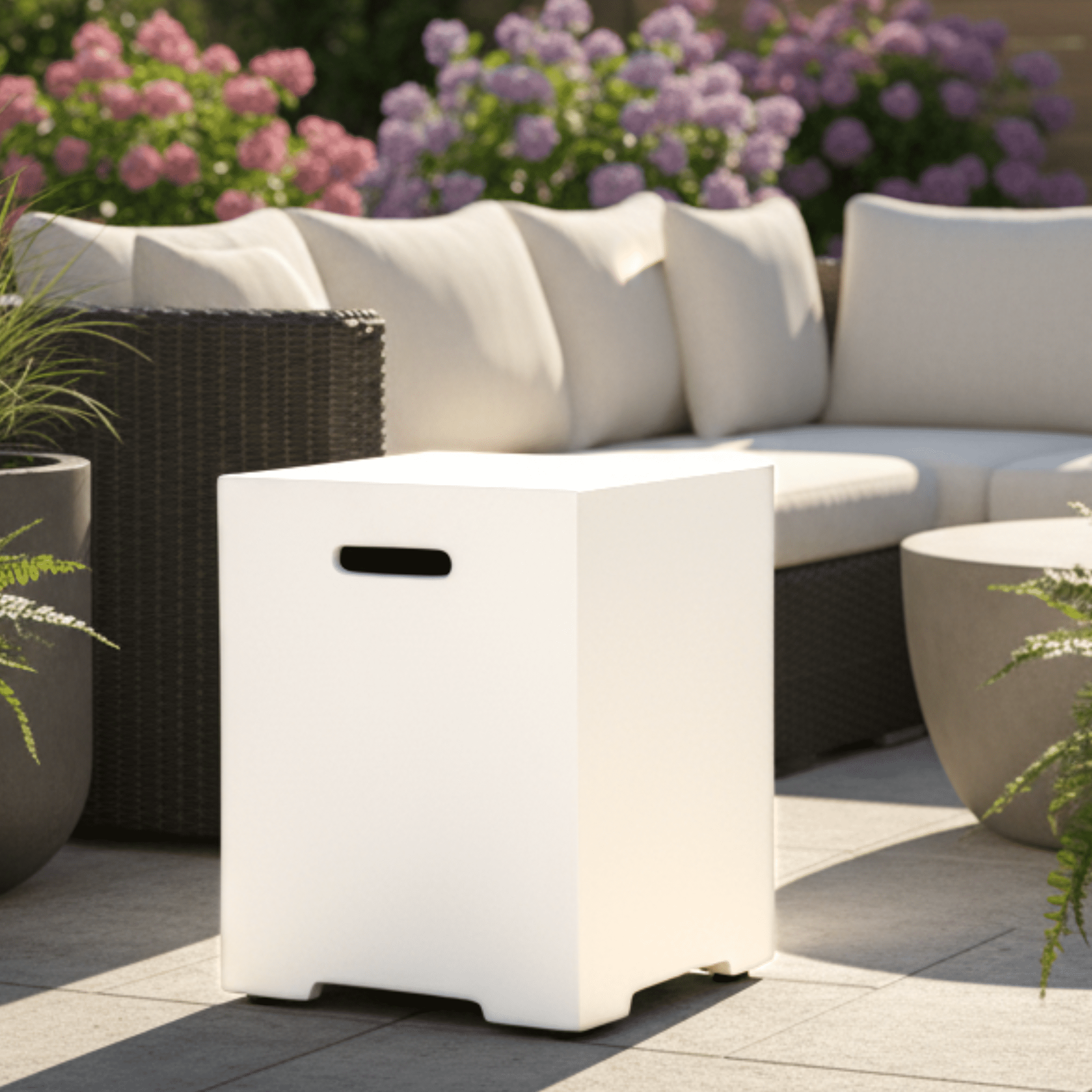 Propane Tank Cover 16 Inch, 20 LB Outdoor Tank Storage Hideaway Table for Gas Fire Pits, Concrete Tank Holder, Side Table, White