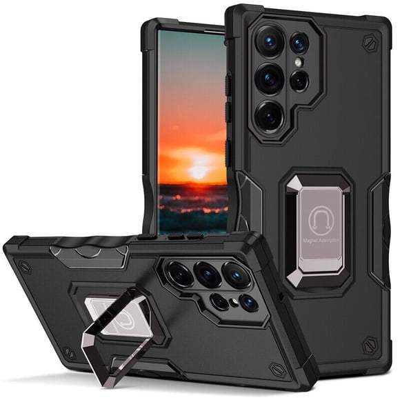 Supersield Samsung S23 Ultra Case Defender Fitted Hard Shell Ring Holder Stad Cover Case for Galaxy S23 Ultra - Black