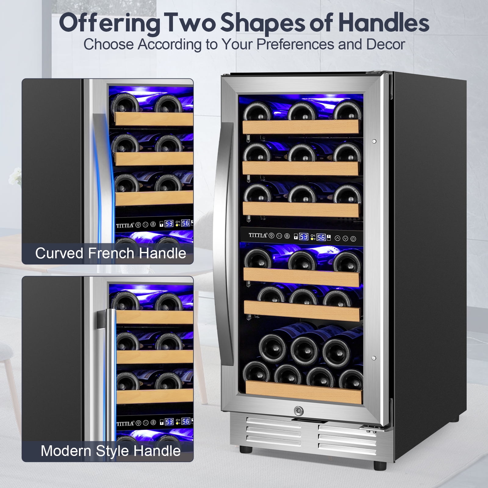 Tittla 15 Inch Wine Refrigerator,Under Counter 30 Bottle Wine Cooler,Dual Zone Fast Cooling, Low Noise