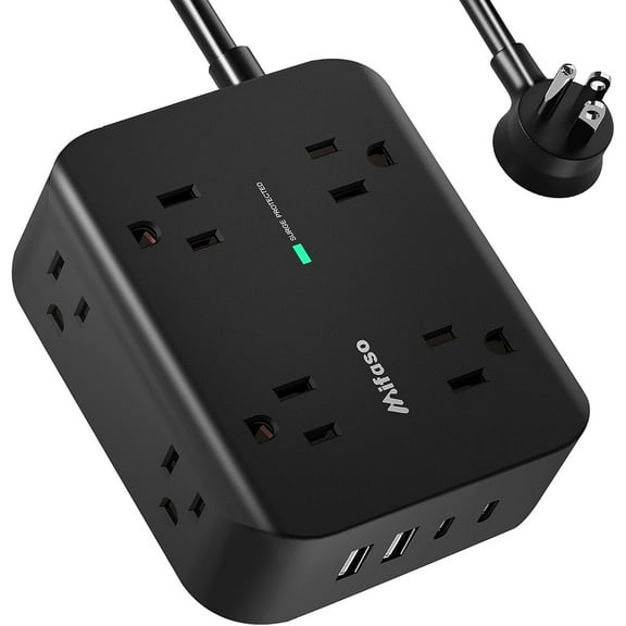 Sur Protector - Flat Plug, Wall Mount, 8 Wide Outlets with 4 USB Ports (2 USB C), 5FT Heavy Duty Extension Cord with Multiple Outlets, Charging Station Overload Protection for Home Dorm