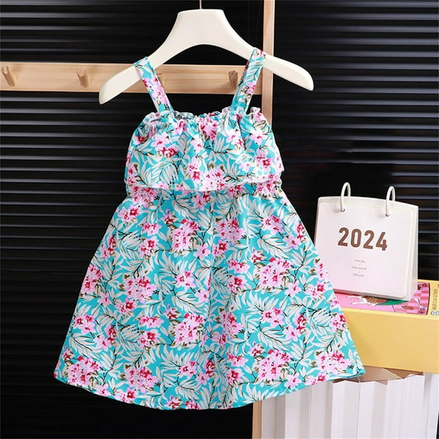 JDQJBZ Robe Sans Manches pour Filles Imprimé Floral Bretelles Spaghetti Ajustables Tenue d'Été
