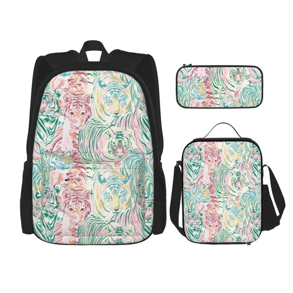 Kdxio Watercolor Tiger Print School Study Combo Set Backpack with Lunch Bag Pencil Case Oxford Lightweight Durable Travel Organization Kit