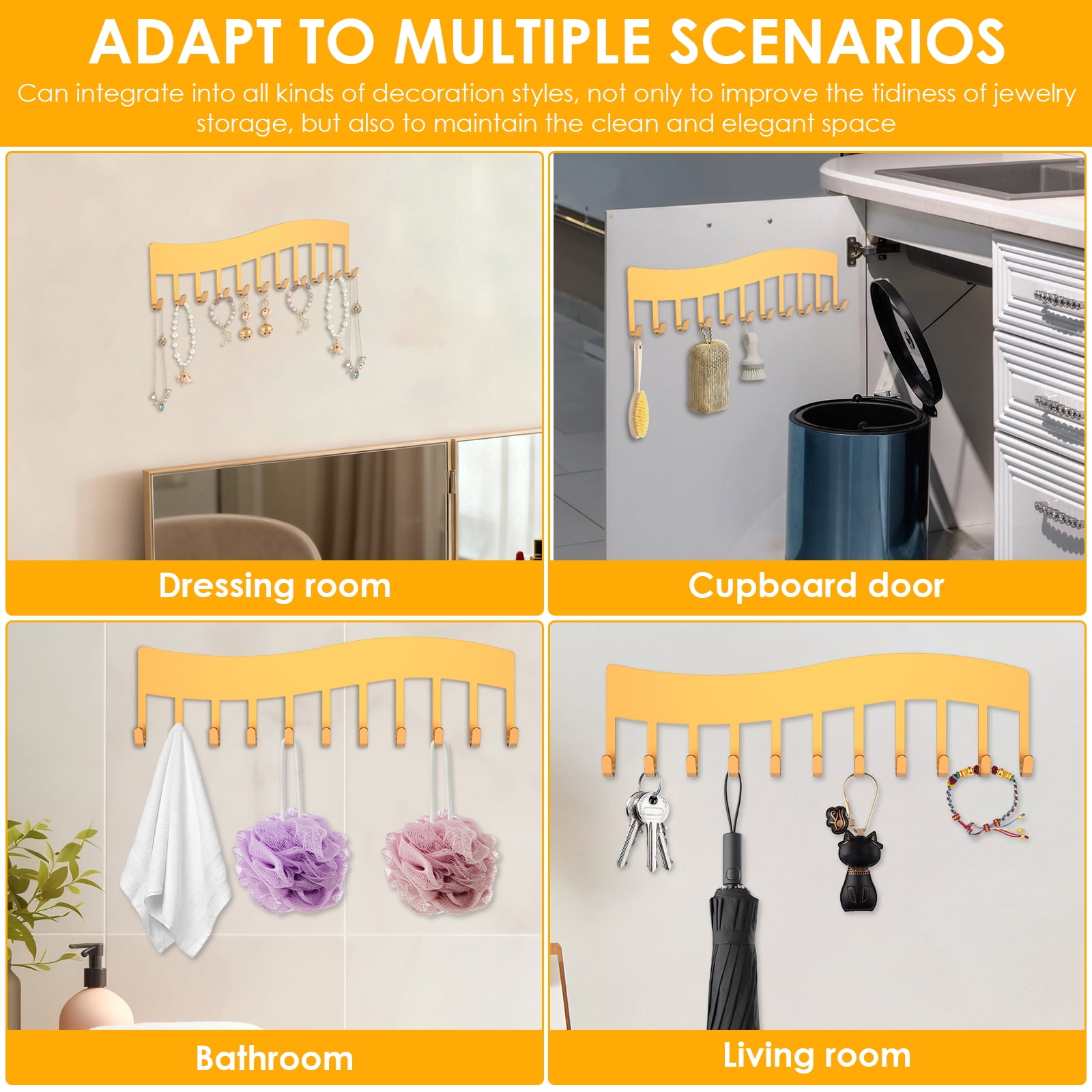 4 Pack Wave Style Wall Mounted Necklace Organizer Gold Metal Hanging Jewelry Storage Hooks Holder for Bracelets Keys Bedroom Closet