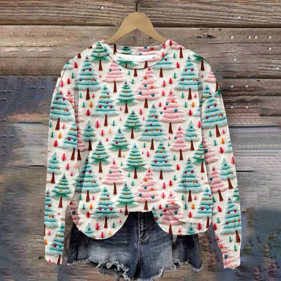 Aloohaidyvio Christmas Tops,Womens Casual Long Sleeve Sweatshirt Crewneck Vacation Christmas Printing Cute Loose Tops