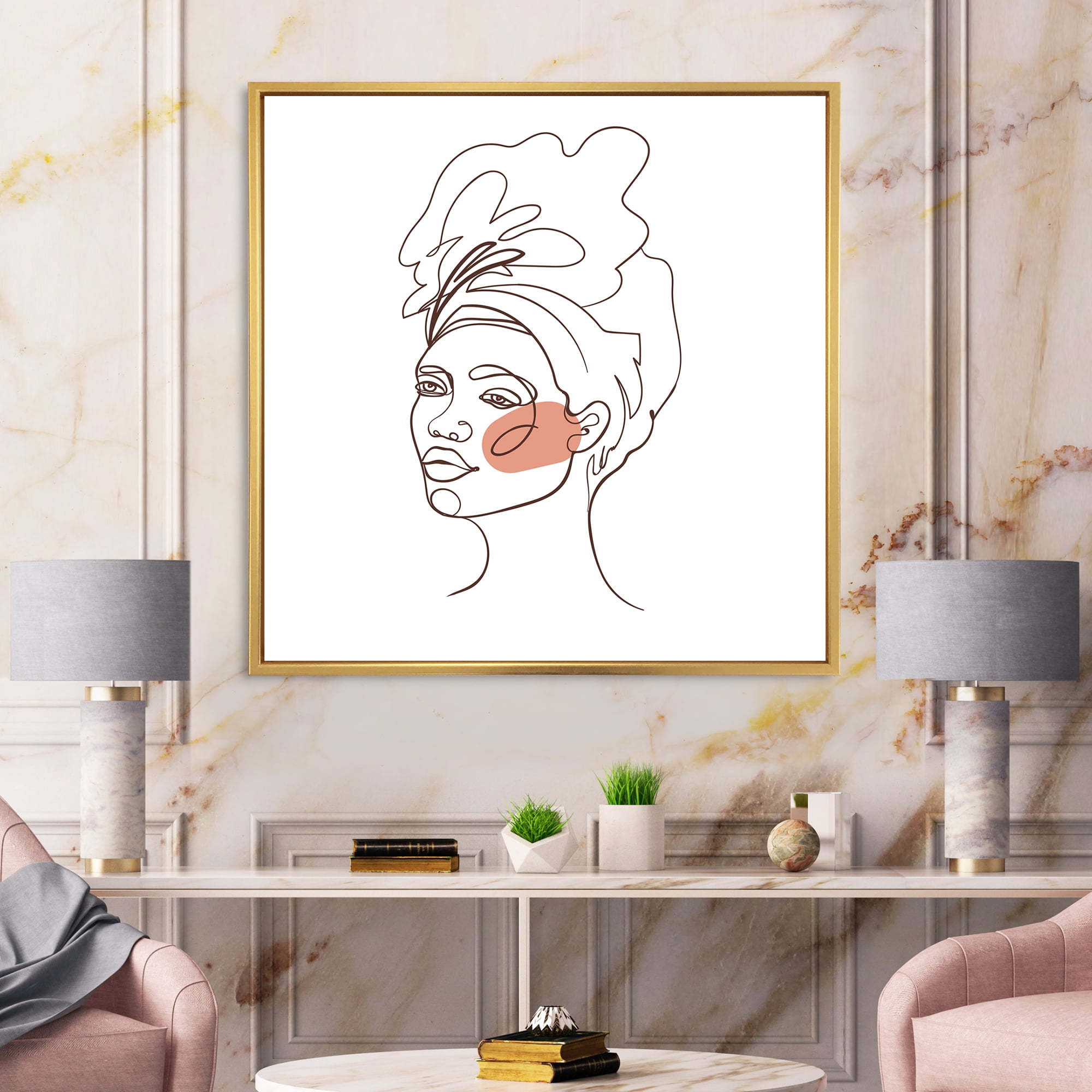 Designart 'One Line Portrait of Afro American Woman III' Modern Framed Canvas Wall Art Print