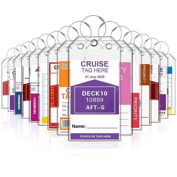 15 Pack Cruise Luggage Tag Holders, Waterproof Clear Cruise Ship Tag Holder Sleeves with Steel Wire Loops, Reusable Zip Seal Luggage Tags for Carnival, NCL, MSC, Princess & More  **Key Poi