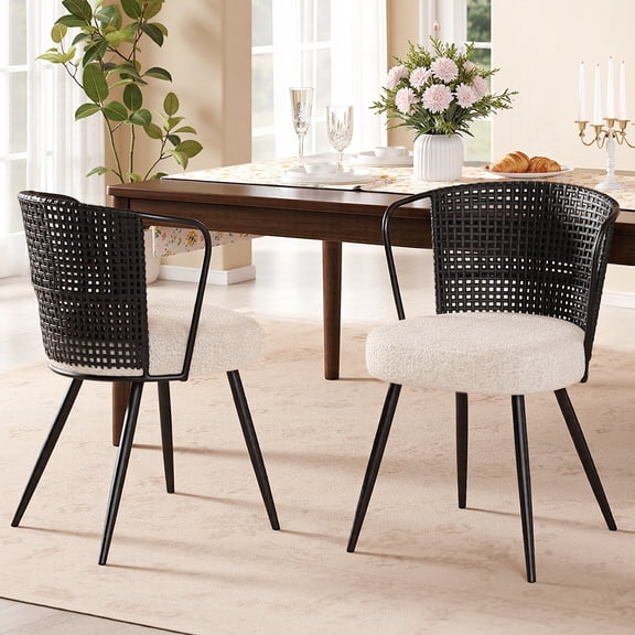 Sailvan Dining Chairs Set of 2, Rattan Upholstered Kitchen & Dining Room Chairs Accent Chairs with Lamb Fleece Fabric Cushion, Brown
