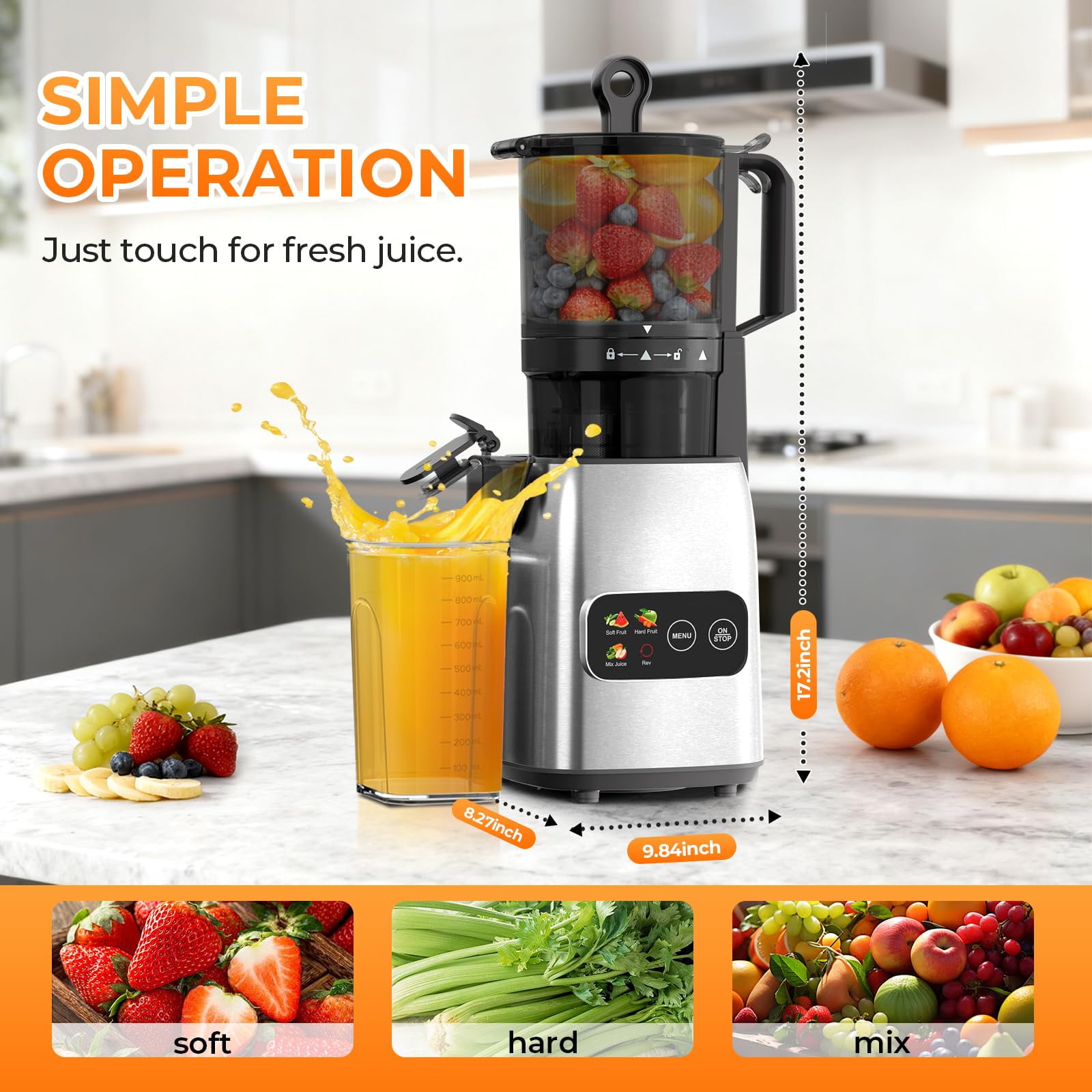 Auseo Cold Press Juicer, 5.4'' Wide Feed Chute Juicer Machines, Slow Masticating Juicer for Whole Vegetables & Fruits, High Juice Yield, Easy to Clean, 3 Function Modes with Rev
