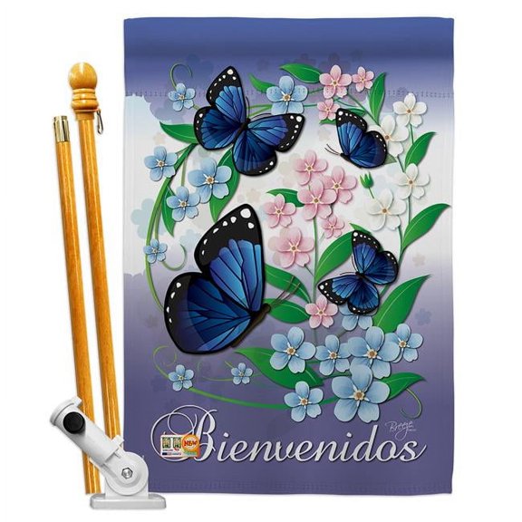 Breeze Decor BD-BG-HS-104073-IP-BO-D-US11-BD 28 x 40 in. JAN Mariposas Celestes Garden Friends Bugs & Frogs Impressions Decorative Vertical Double Sided House Flag Set & Pole Bracket Hardware