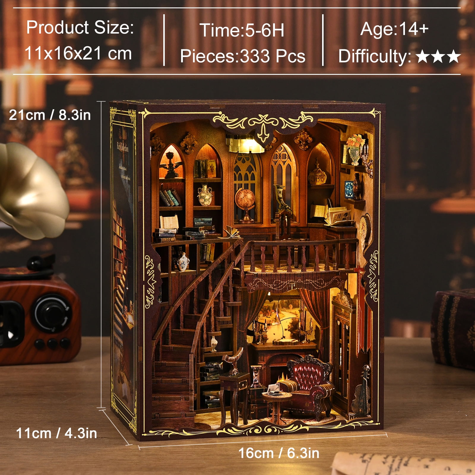 DIY Book Nook Kit – Wooden Miniature Library Scene with LED Light, Bookshelf Insert Decor, Relaxing Craft Kit for Adults & Teens, Ancient Rhyme Library
