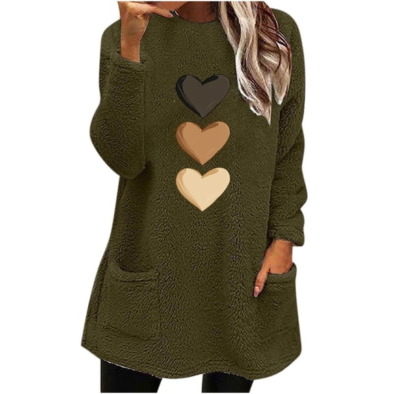 Sexlip Valentines Outfits for Women Oversized Sherpa Lined Pullover Tops Love Heart Graphic Crewneck Tunic with Pockets Green XXXL