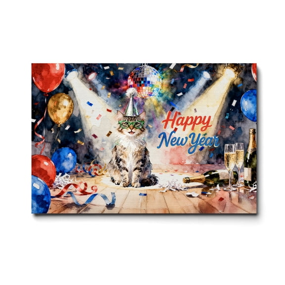Happy New Year Maine Coon Chills on Year-End Party Horizontal Matte Canvas Poster Cat Lover Kitten Owner Gifts Wall Art Home Decor - 12023
