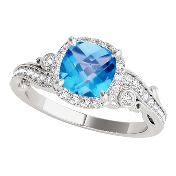 Aonejewelry 1.50 Carat Cushion Cut Blue Topaz In Center and White Diamond On Side Engagement Ring Women Crafted In 10K Solid Rose White Yellow Gold