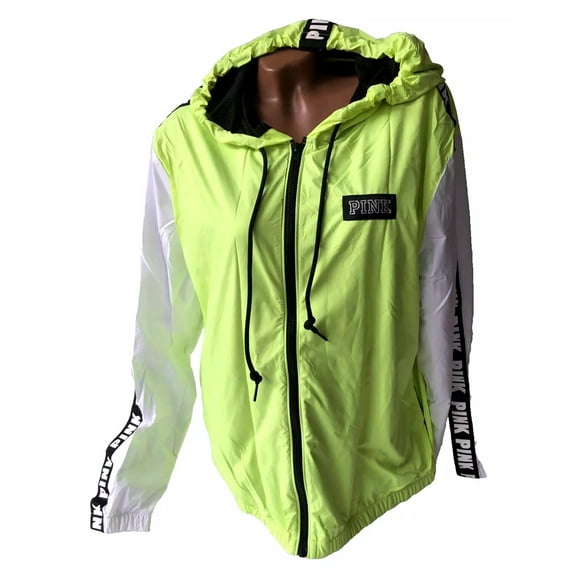 Victoria's Secret Pink Anorak Windbreaker Full Zip Hoodie Jacket Colorblock Neon Yellow/White Size M/L NWT
