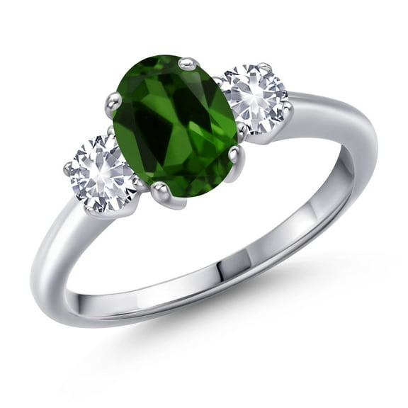 Gem Stone King 1.70 Ct Oval Green Chrome Diopside White Created Sapphire 925 Sterling Silver Ring