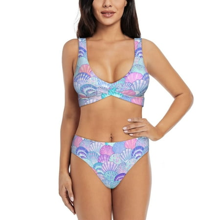 Zeuib Watercolor Sea Shells 1 High Waisted Tummy Control Bikini Set - Knot Front Push Up Top & Cheeky Thong Bottom  Two-Piece Swimsuit for Women-Small