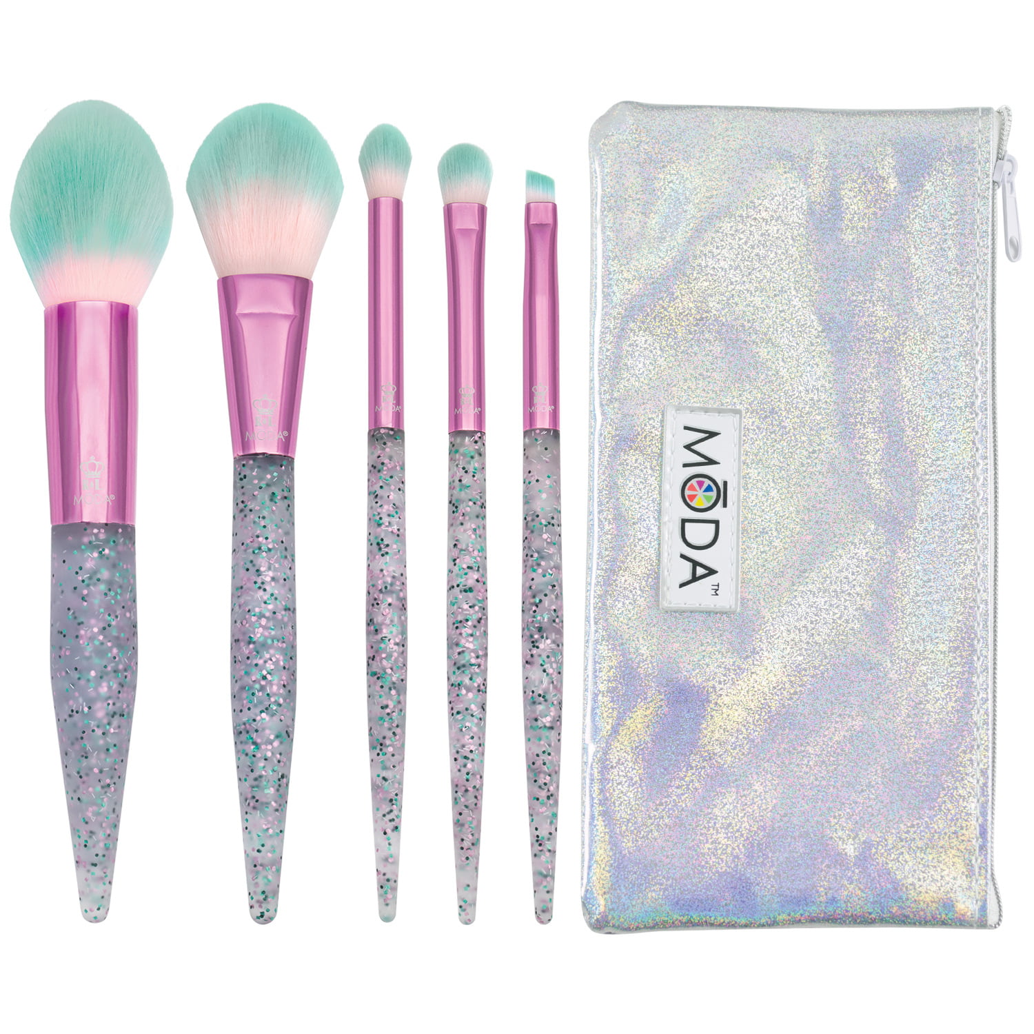 Photo 1 of MODA Full Size Glitter Bomb 6pc Complete Makeup Brush Kit with Pouch Includes, Pointed Powder, Blush, Crease, Eye Shader, and Liner Brushes, Pink