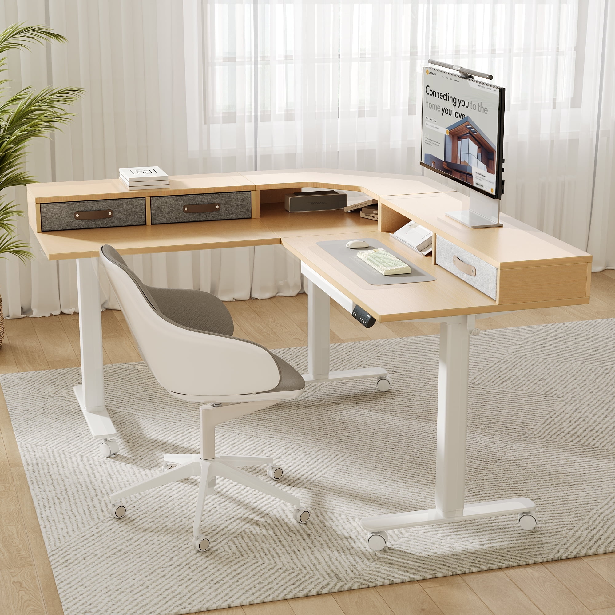 INNOVAR Dual Motor 63" L Shaped Standing Desk with 4 Drawers, Sit to Stand Study Desk Electric Height Adjustable Stand up Computer Desk with Monitor Stand & Splice Board, White Frame/Nature Top