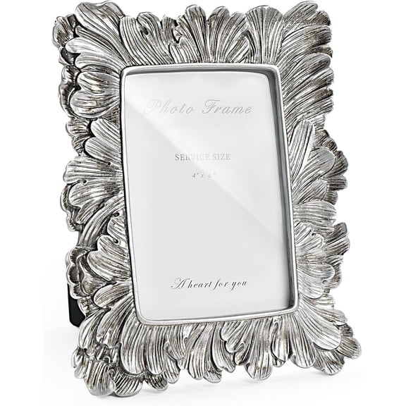 Silver Picture Frame 4x6 Frames, Vintage silver Palm Leaves Textured Hand-Crafted Resin with Glass Front Elegant Retro Vintage Design Photo Frame for Tabletop Display Home Decor